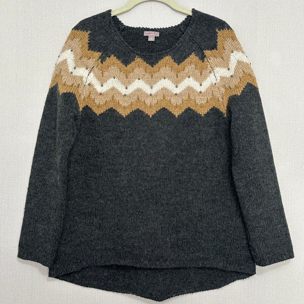 J.Jill Charcoal Grey Beaded Chevron Fair Isle Sweater Size Small Cottagecore